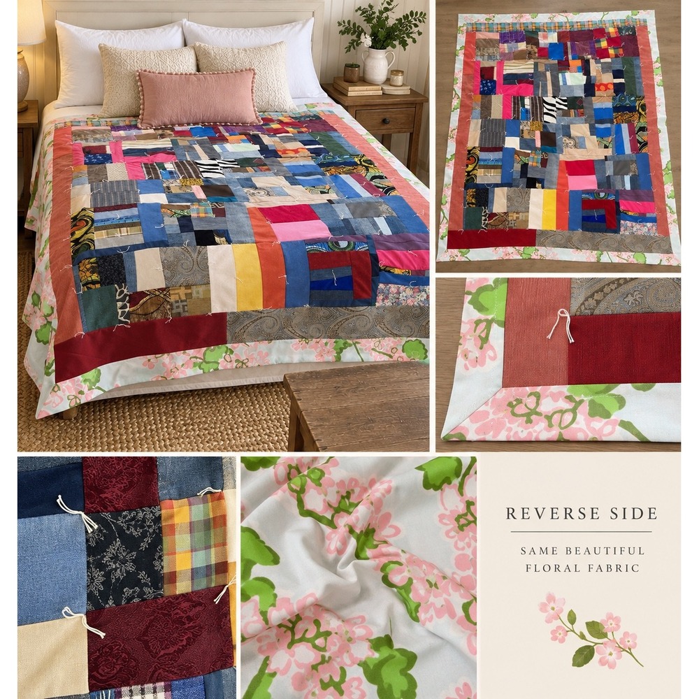Handmade Vintage Patchwork Tie Quilt Multi Floral 59x72 Good Eclectic Boho